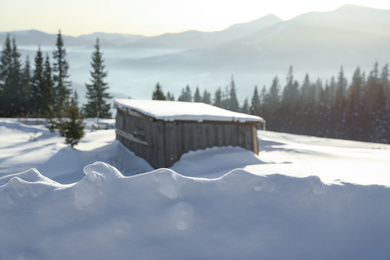 Wooden house covered with snow on winter day