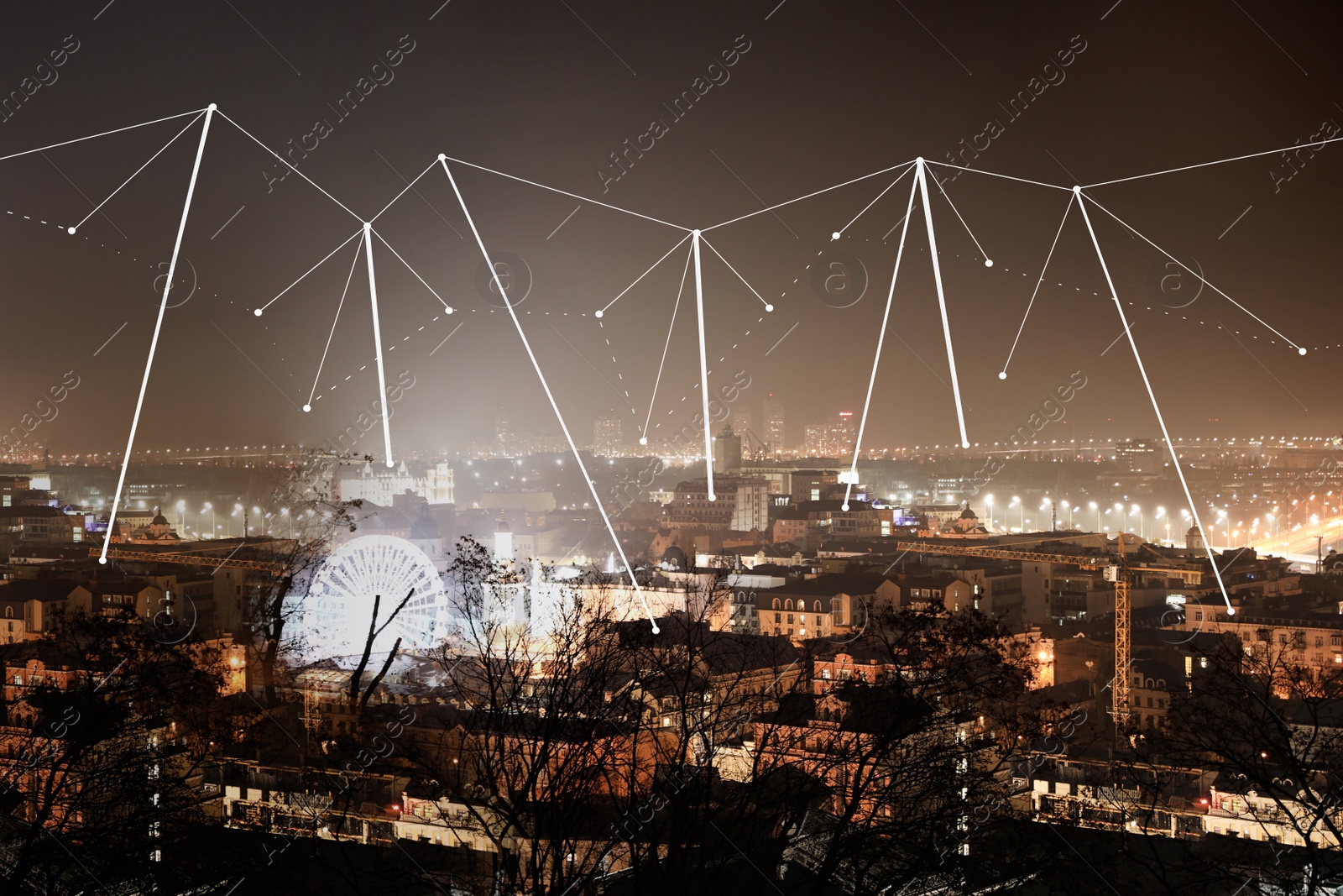 Image of Modern city at night and radio network. Connection concept