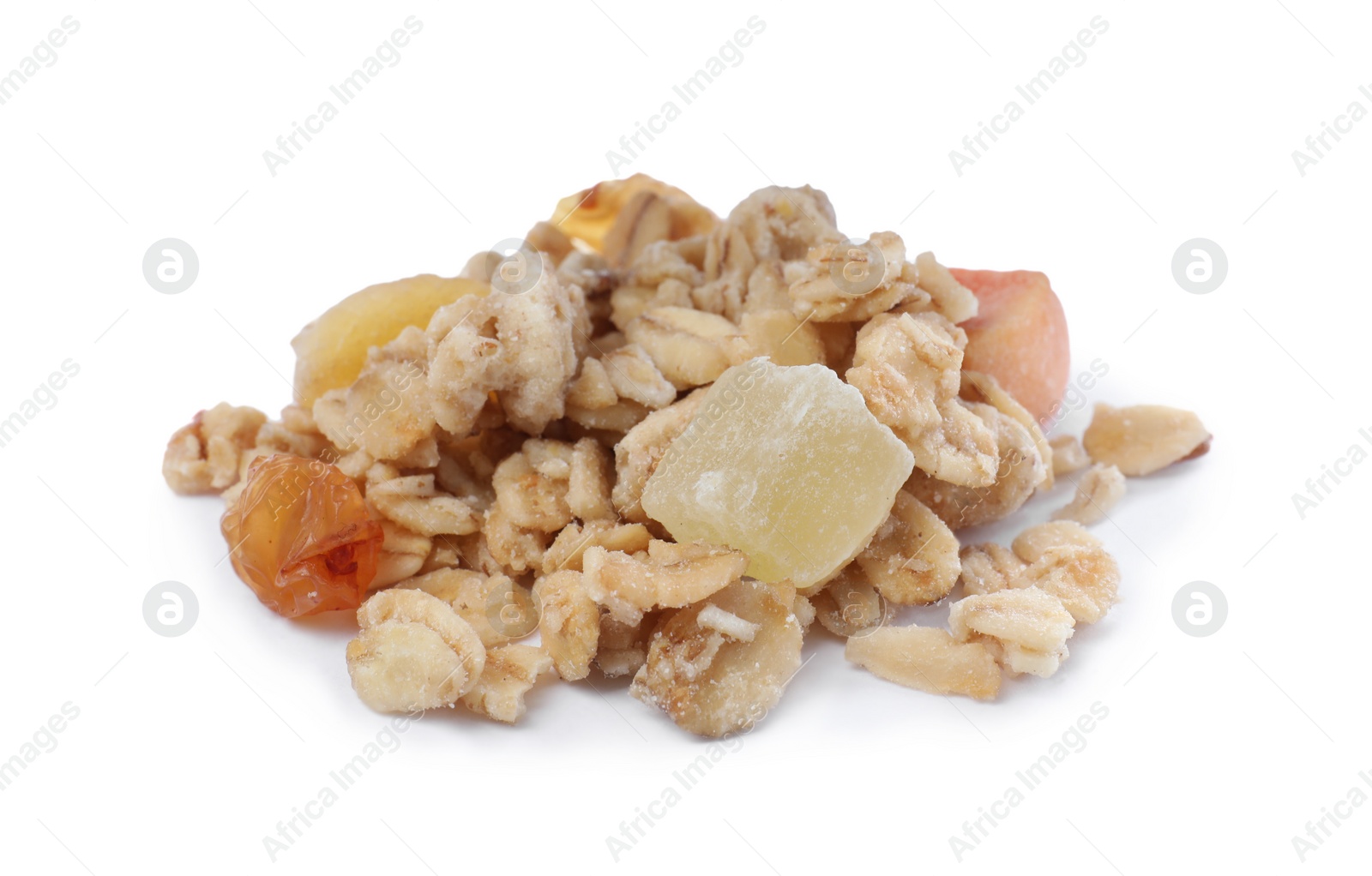 Photo of Pile of granola on white background. Healthy snack