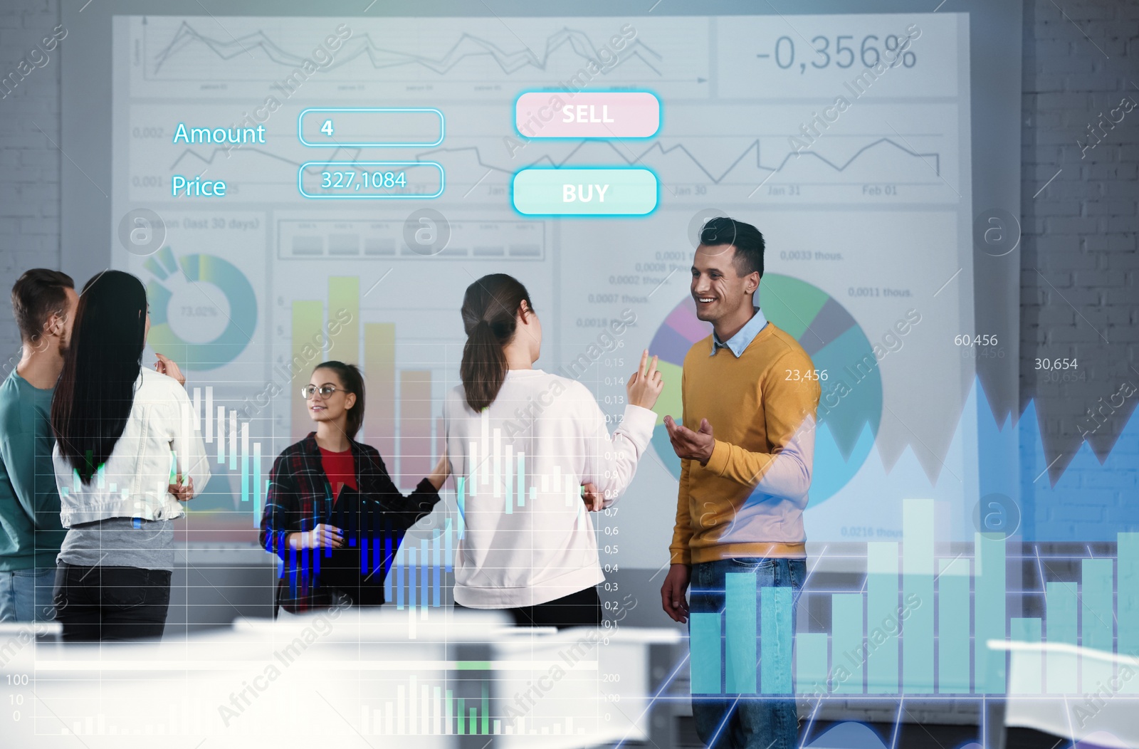 Image of Double exposure of financial charts and people having meeting. Forex conference 