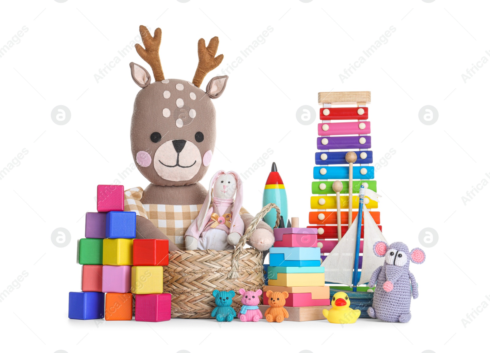 Photo of Set of different toys on white background