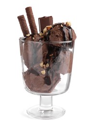 Glass dessert bowl of tasty ice cream with chocolate sauce, nuts and wafer rolls isolated on white