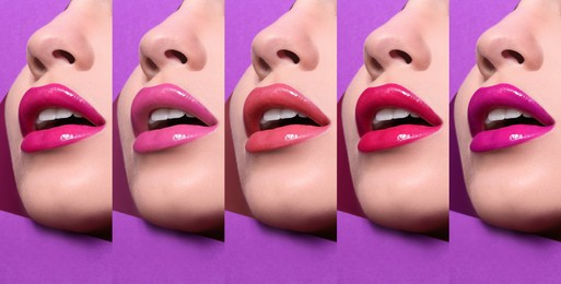 Image of Collage with photos of young woman with different glossy lipsticks on purple background, closeup. Banner design