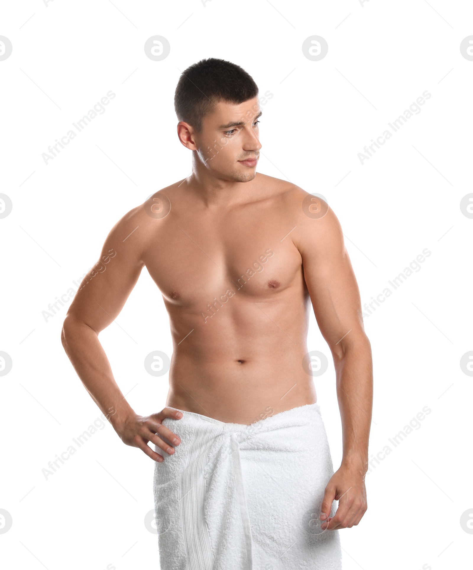 Photo of Young man with slim body on white background