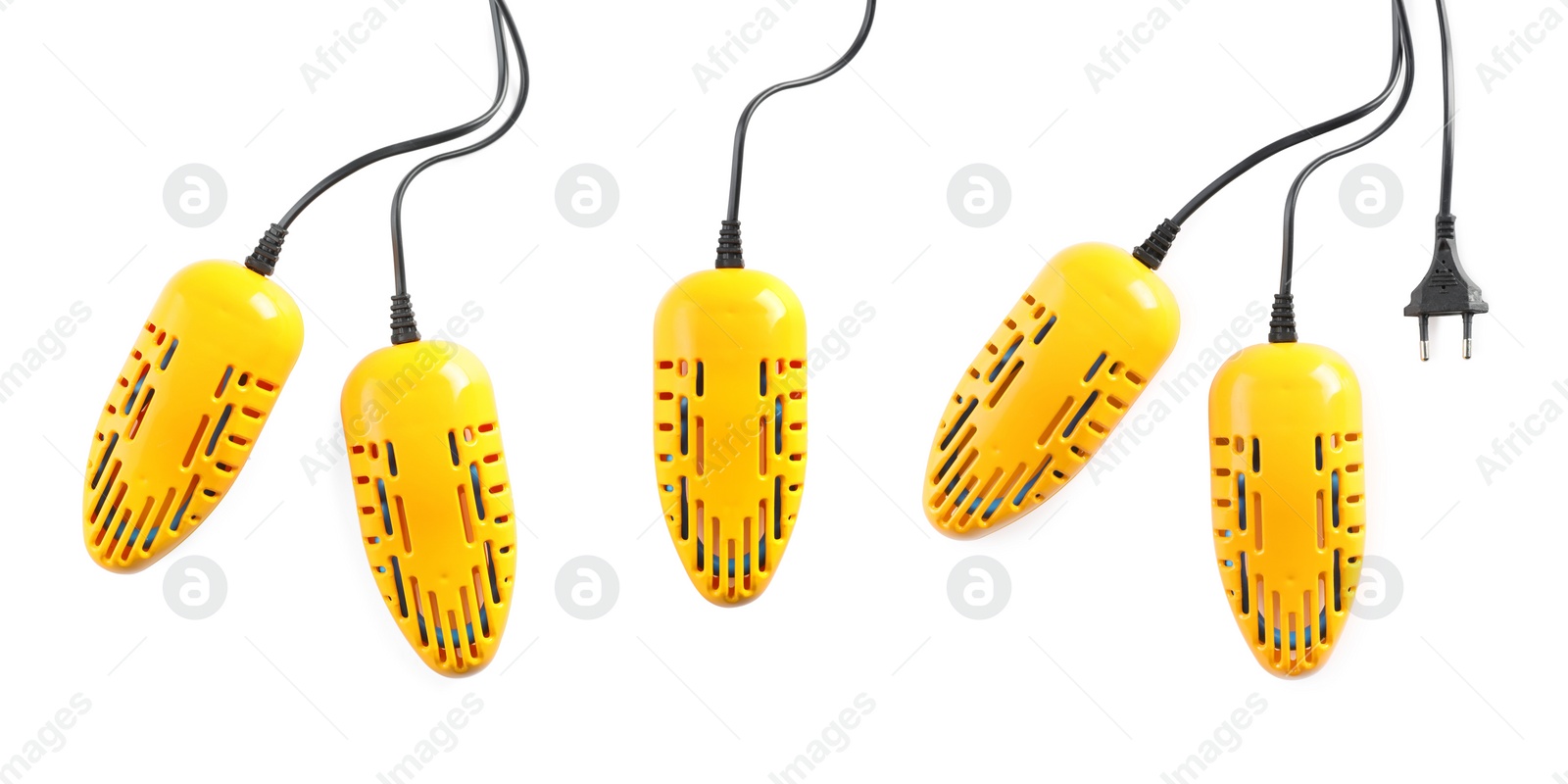 Image of Modern electric shoe dryers on white background, collage. Banner design