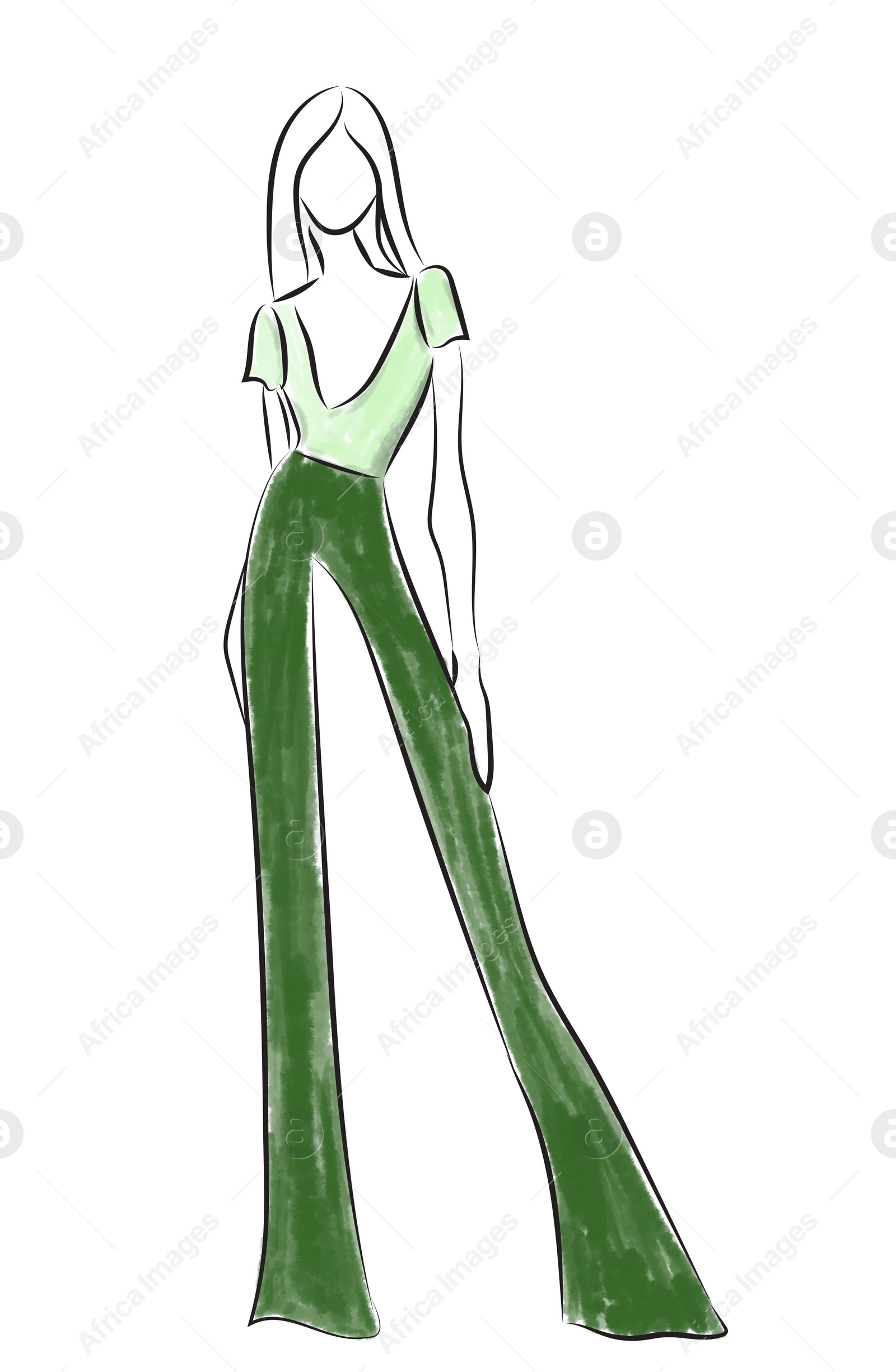 Illustration of Fashion sketch. Model wearing stylish clothes on white background, illustration