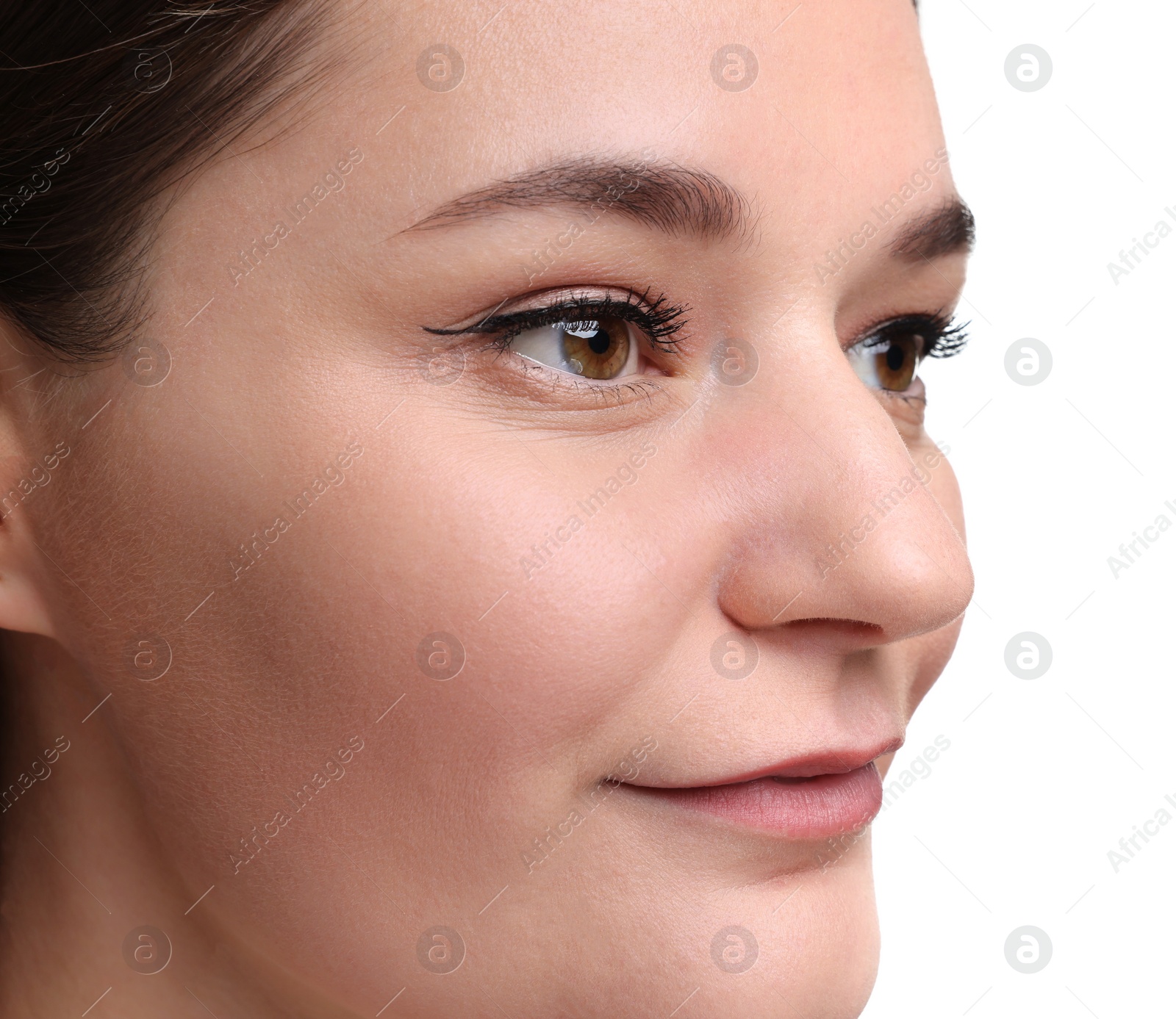 Photo of Beautiful woman with healthy skin on white background, closeup