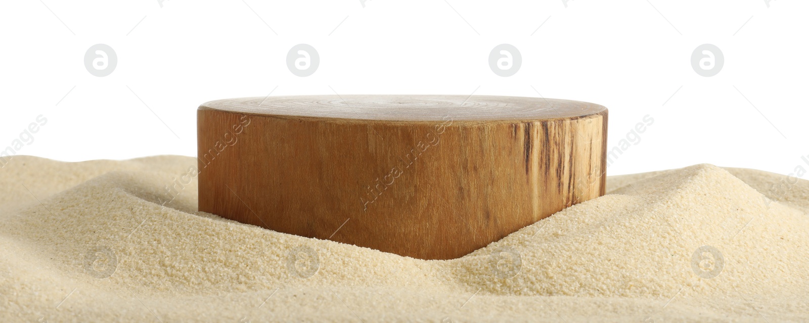 Photo of Presentation of product. Wooden podium on sand against white background