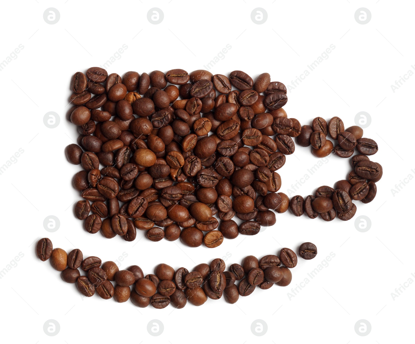 Photo of Cup of drink, composition made with coffee beans isolated on white, top view