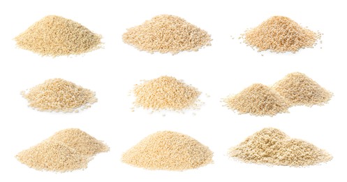 Image of Set with sesame seeds on white background. Banner design