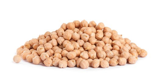 Photo of Pile of raw chickpeas on white background