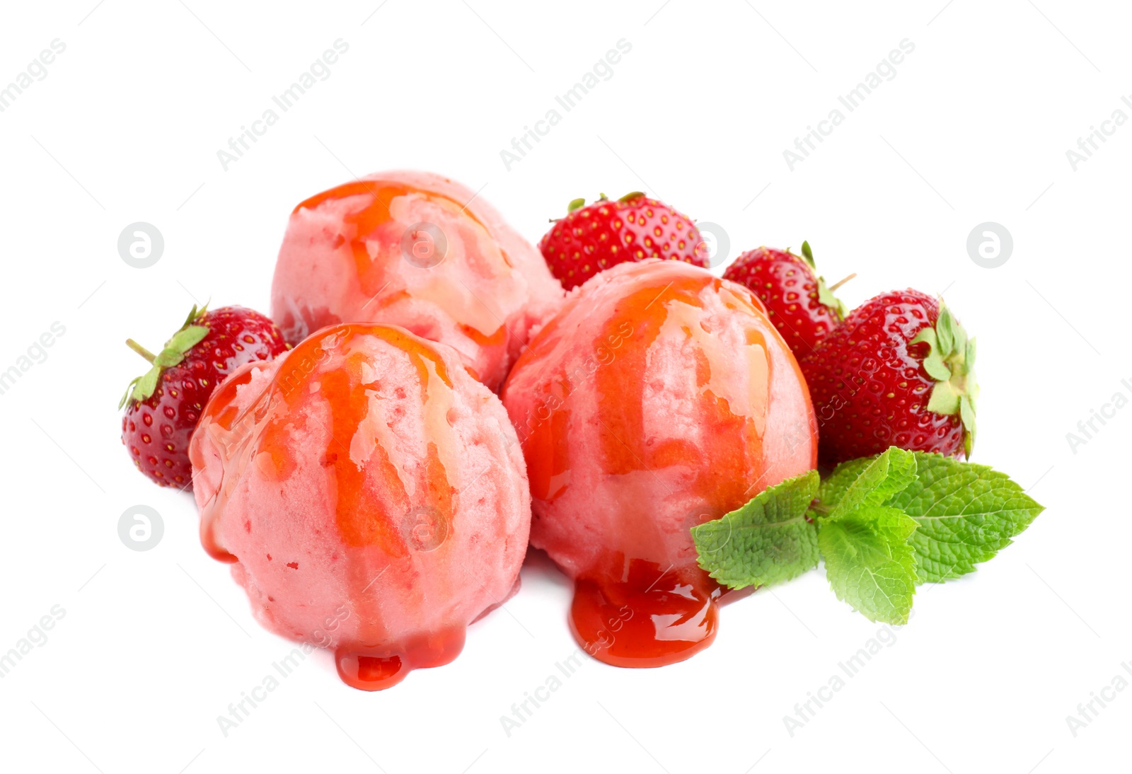 Photo of Scoops of delicious strawberry ice cream with mint, syrup and fresh berries on white background