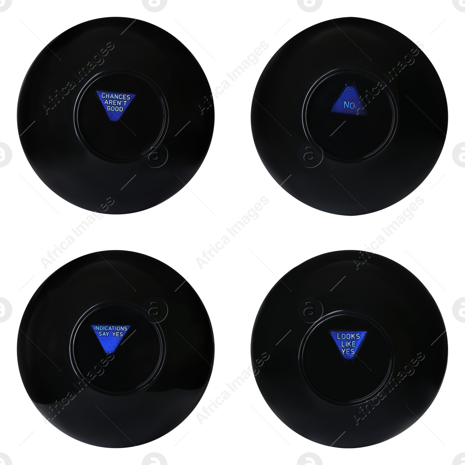 Image of Magic eight ball with different predictions isolated on white, collection