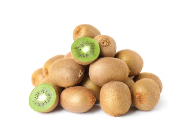 Photo of Cut and whole fresh kiwis on white background