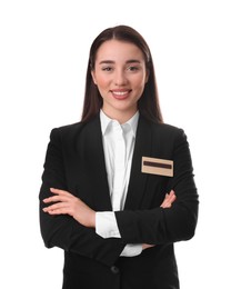 Portrait of happy young receptionist in uniform on white background