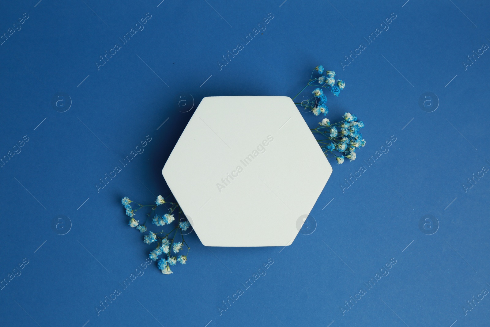Photo of Product photography prop. Hexagonal shaped podium and flowers on blue background, top view