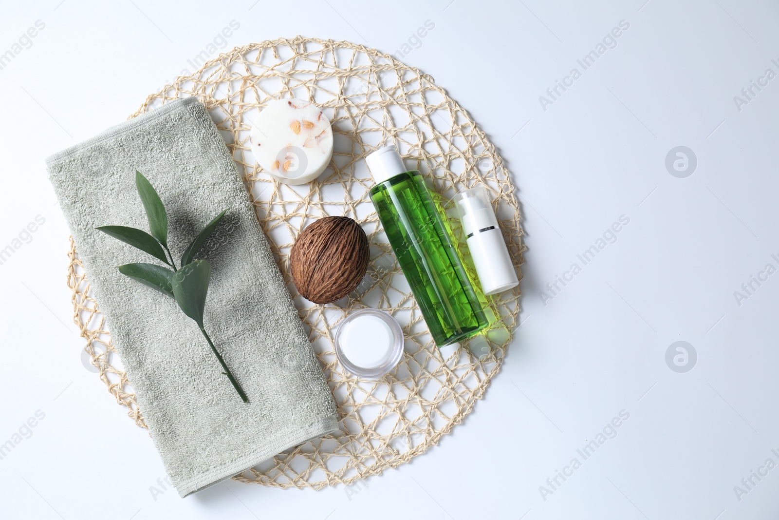 Photo of Bath accessories. Different personal care products on white background, top view with space for text
