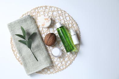 Bath accessories. Different personal care products on white background, top view with space for text