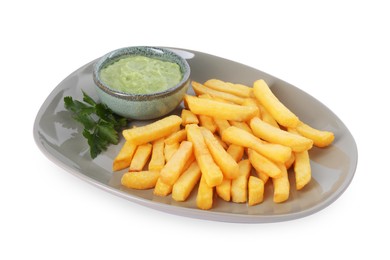 Photo of Plate with delicious french fries, avocado dip and parsley isolated on white