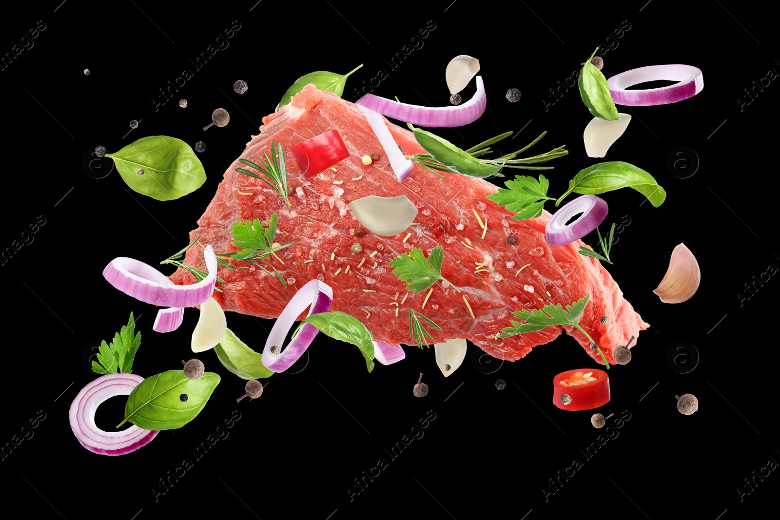 Image of Fresh raw meat and different spices flying on black background