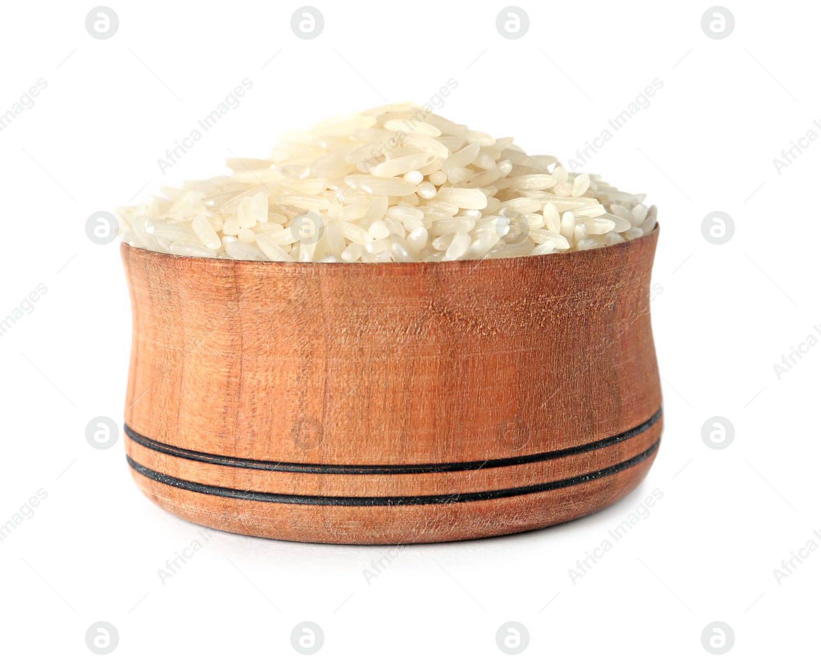 Photo of Bowl with uncooked long grain rice on white background