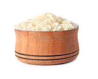 Photo of Bowl with uncooked long grain rice on white background