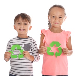 Photo of Little children with recycling symbols on white background