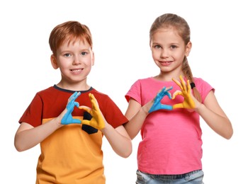 Photo of Little girl and boy making heart with their hands painted in Ukrainian flag colors on white background. Love Ukraine concept