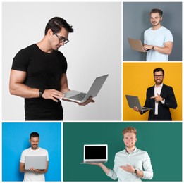 Image of Collage with photos of men holding modern laptops on different color backgrounds