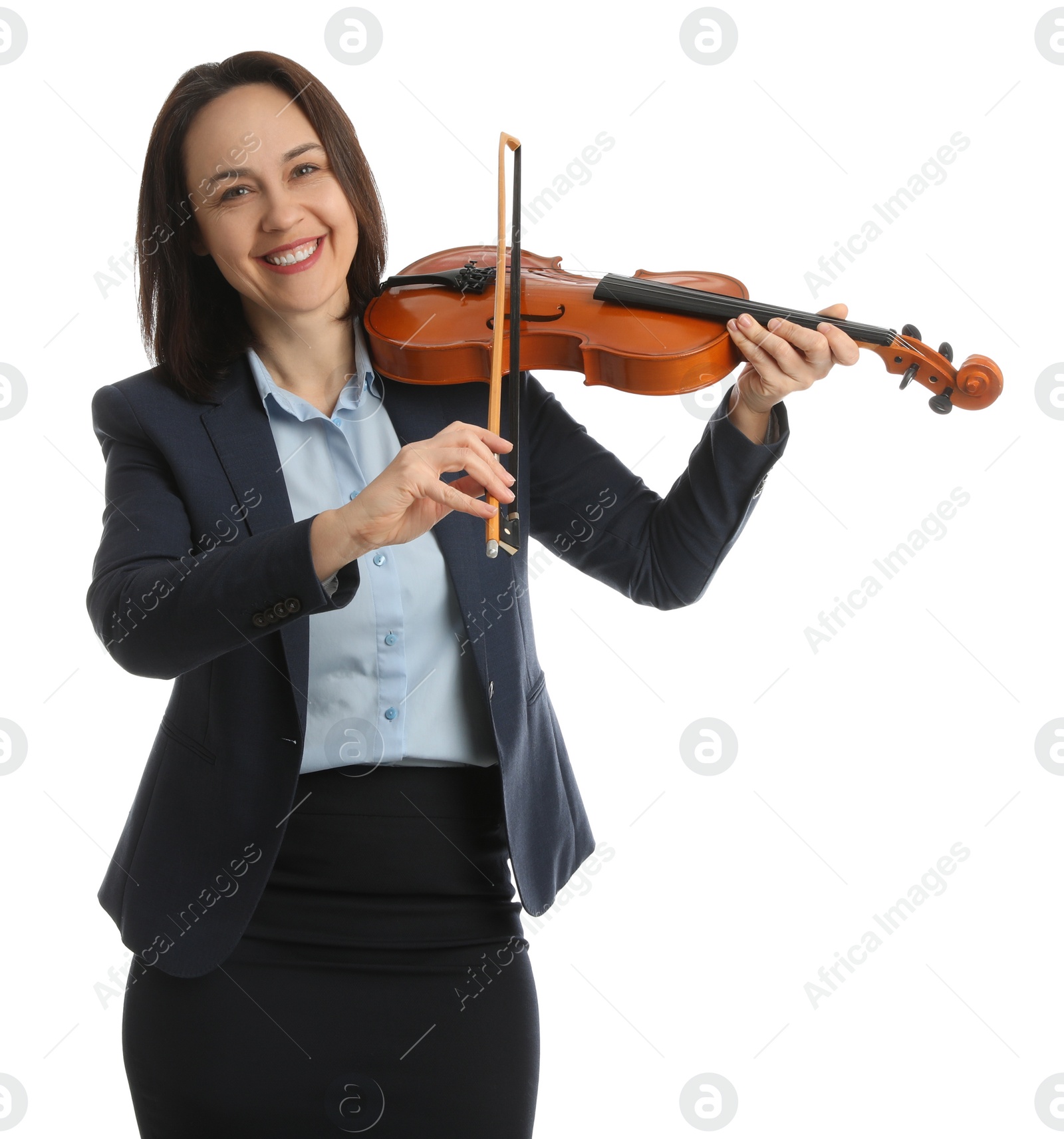 Photo of Music teacher playing violin on white background