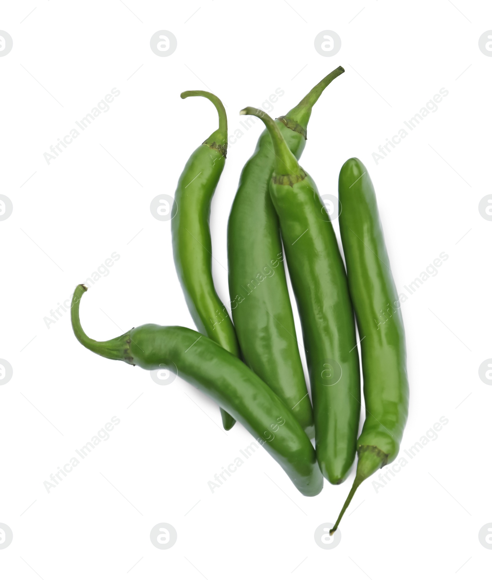 Photo of Green hot chili peppers on white background, top view