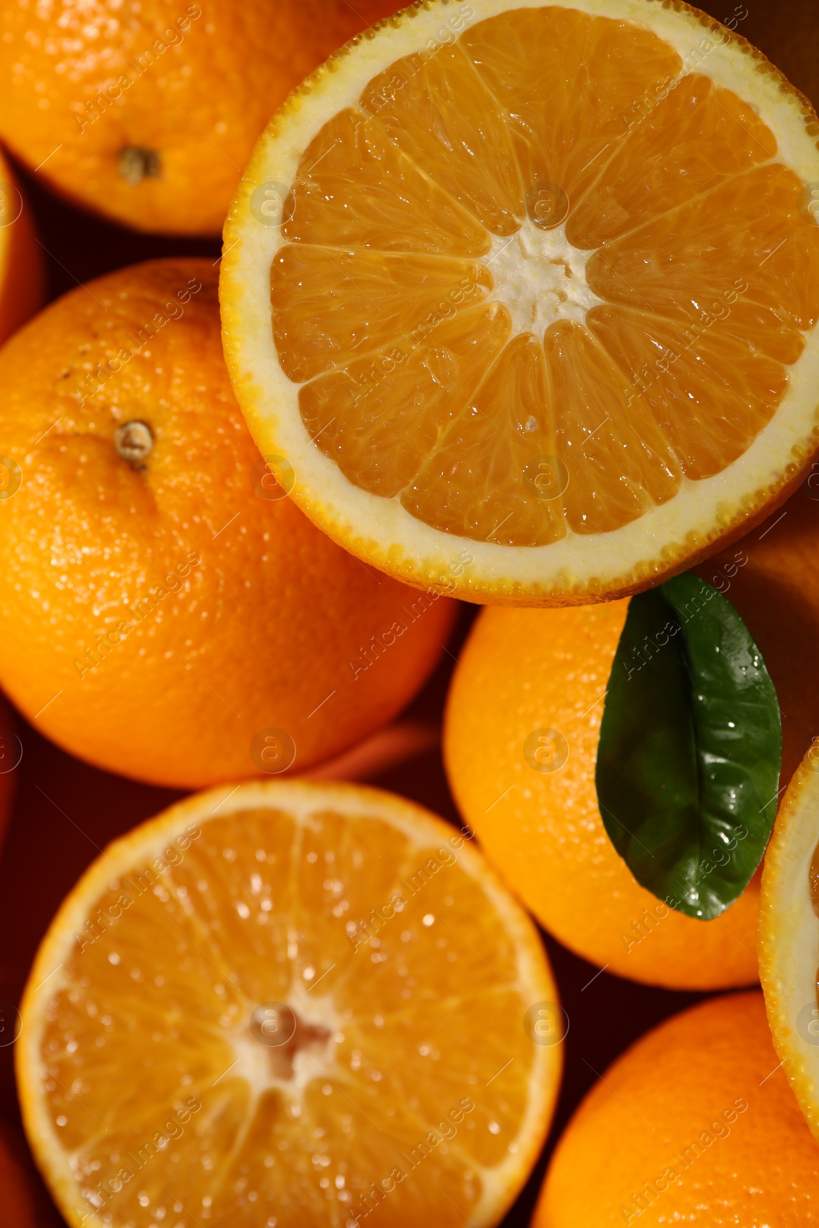 Photo of Tasty ripe fresh oranges and leaf as background, top view