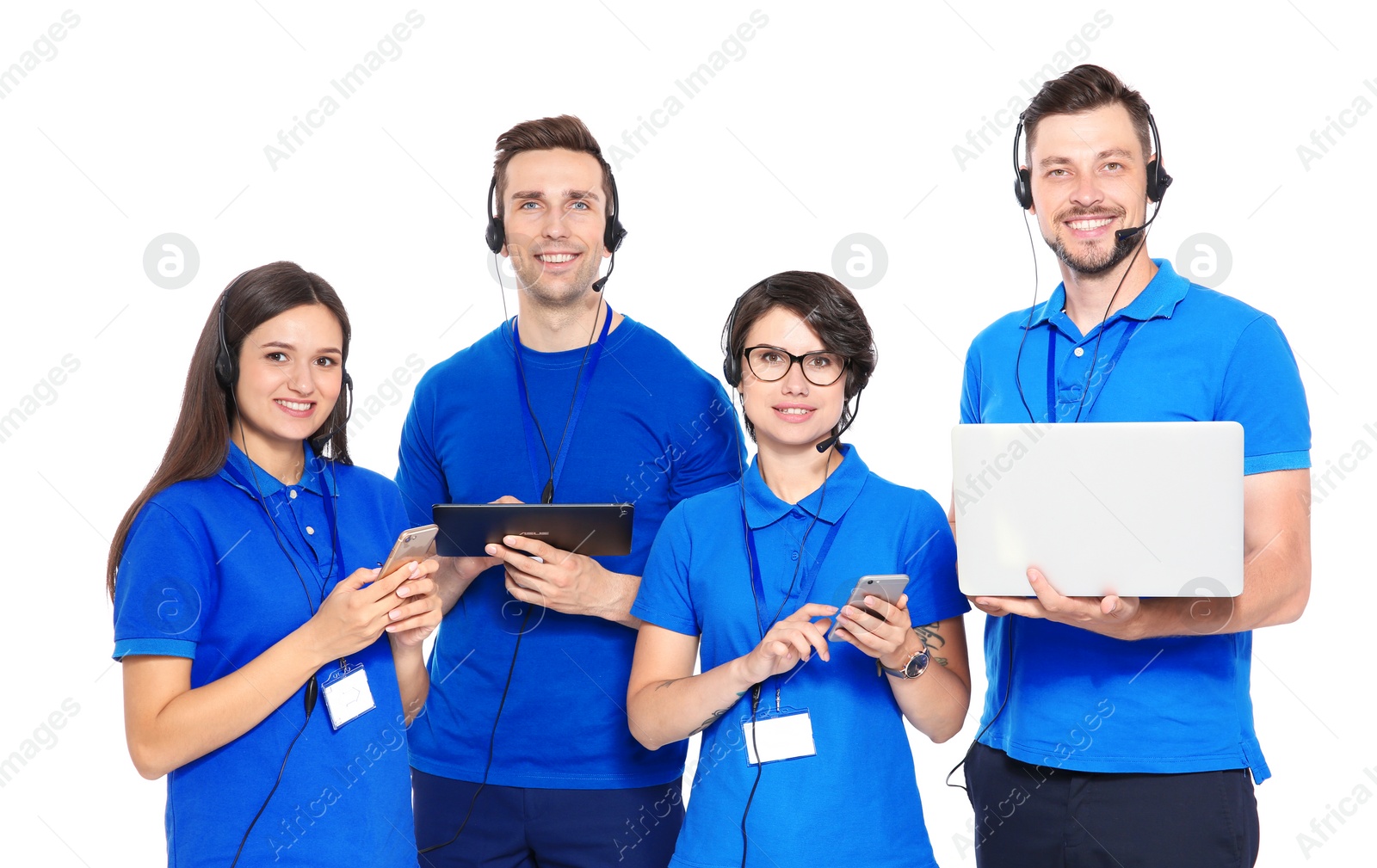 Photo of Technical support operators with headsets on white background