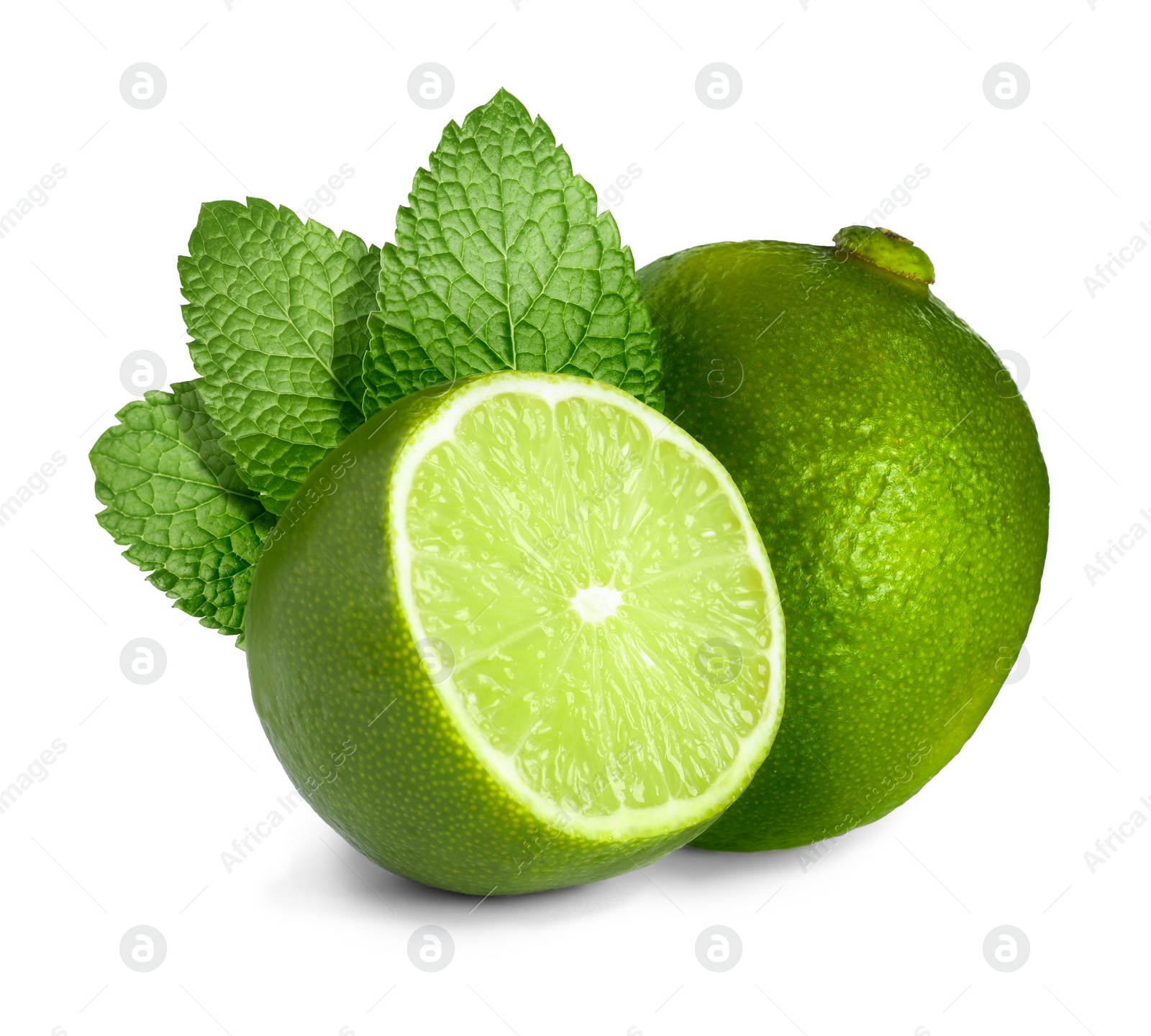 Image of Fresh ripe limes and green mint leaves isolated on white