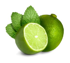 Image of Fresh ripe limes and green mint leaves isolated on white