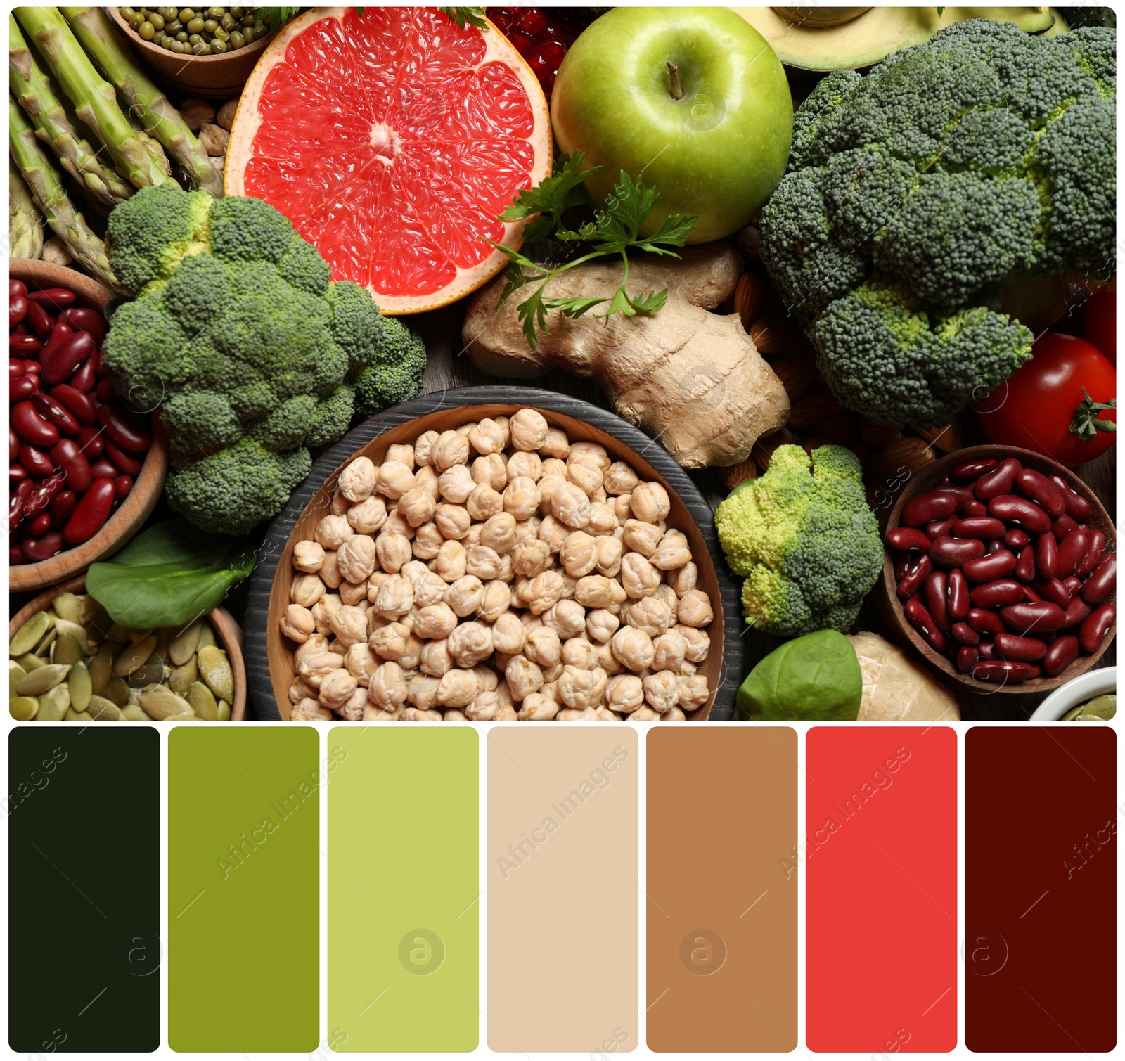 Image of Top view of fresh vegetables, fruits and seeds and color palette. Collage