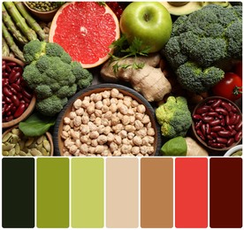 Image of Top view of fresh vegetables, fruits and seeds and color palette. Collage