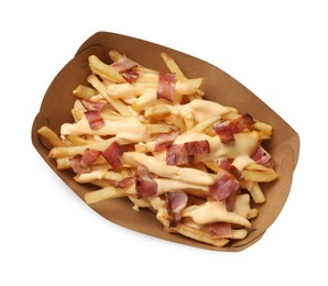 Photo of Tasty potato fries, cheese sauce and bacon in paper container isolated on white, top view