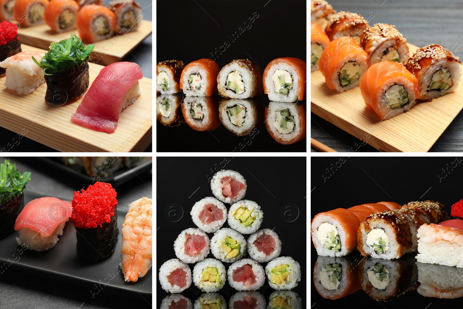 Image of Collage with photos of delicious sushi and rolls