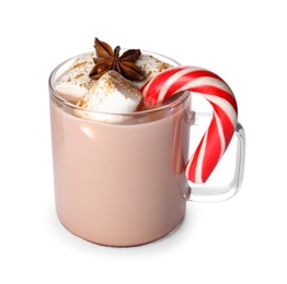 Photo of Glass cup of tasty cocoa with marshmallows, Christmas candy cane and anise isolated on white