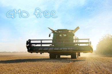 Image of Concept of GMO free harvest. Modern combine harvester in field