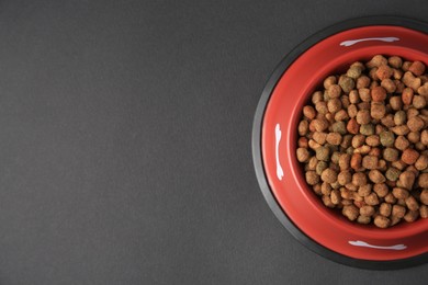 Photo of Dry dog food in feeding bowl on black background, top view. Space for text