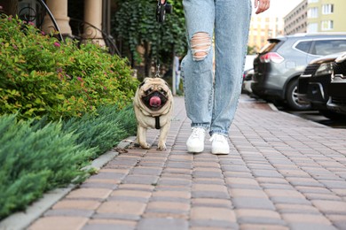 Photo of Woman walking with her cute pug outdoors, closeup