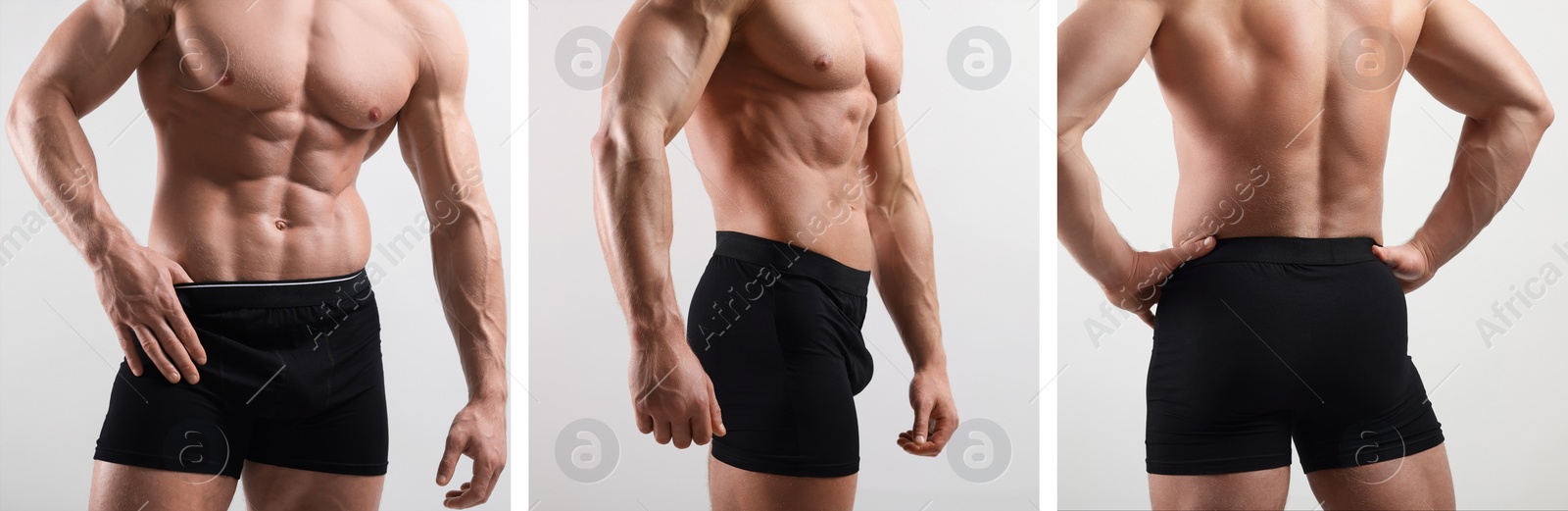 Image of Muscular man in stylish black underwear on white background, closeup. Collection of photos