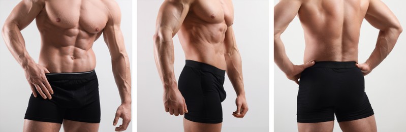 Muscular man in stylish black underwear on white background, closeup. Collection of photos
