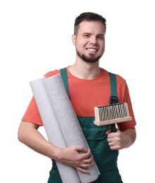Photo of Man with wallpaper rolls and brush on white background