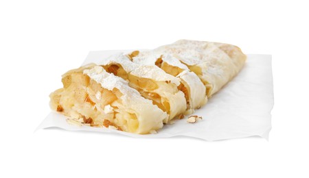 Photo of Delicious apple strudel with almonds and powdered sugar on white background