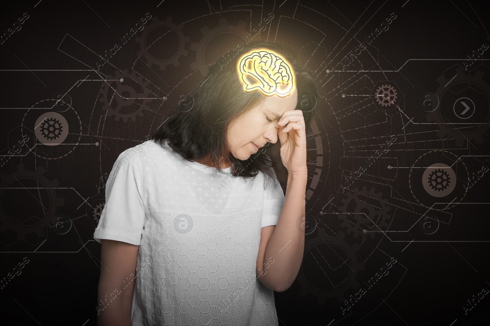 Image of Memory. Woman with illustration of brain trying to remember something on black background with scheme