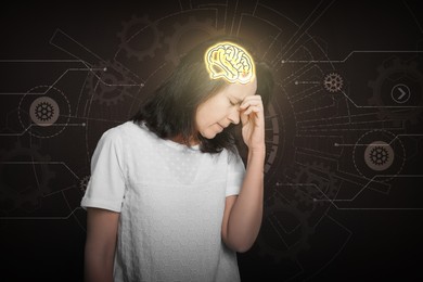 Image of Memory. Woman with illustration of brain trying to remember something on black background with scheme
