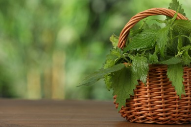 Photo of Fresh nettle in wicker basket on wooden table outdoors, closeup. Space for text